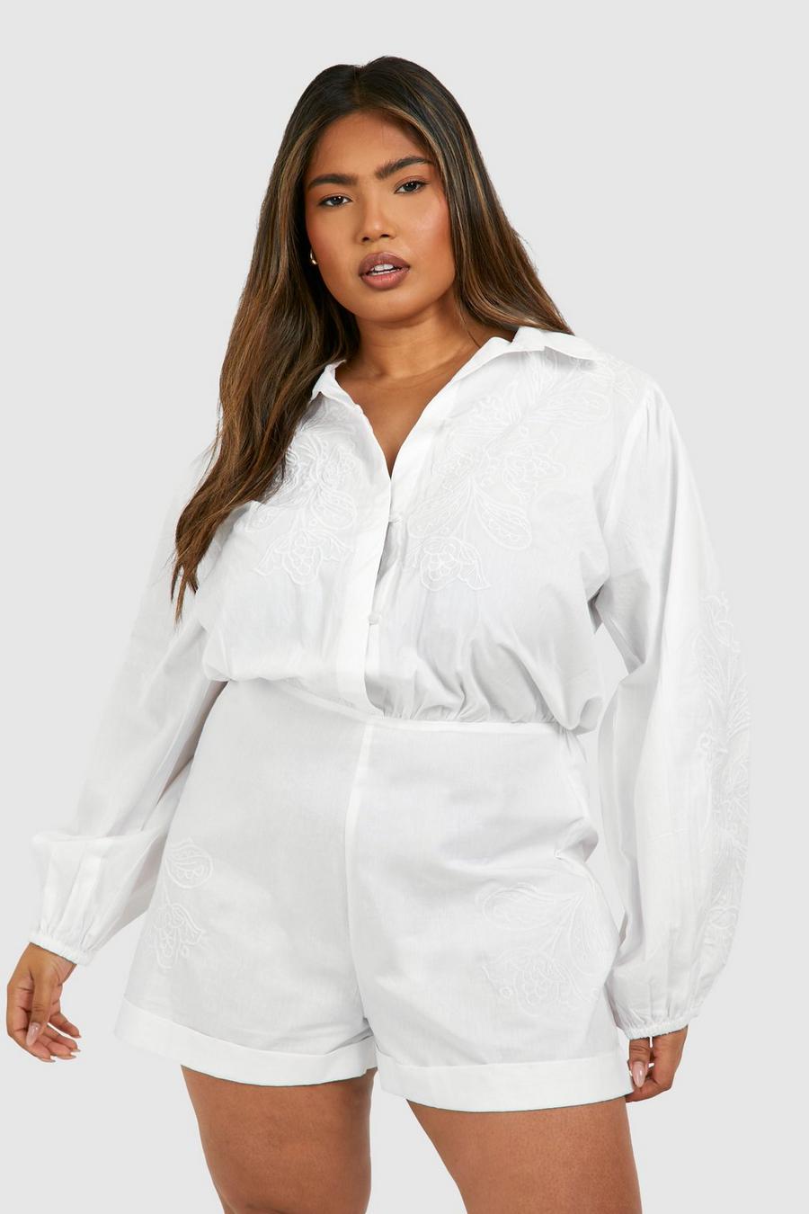 White Plus Woven Embroidery Detail Long Sleeve Romper image number 1