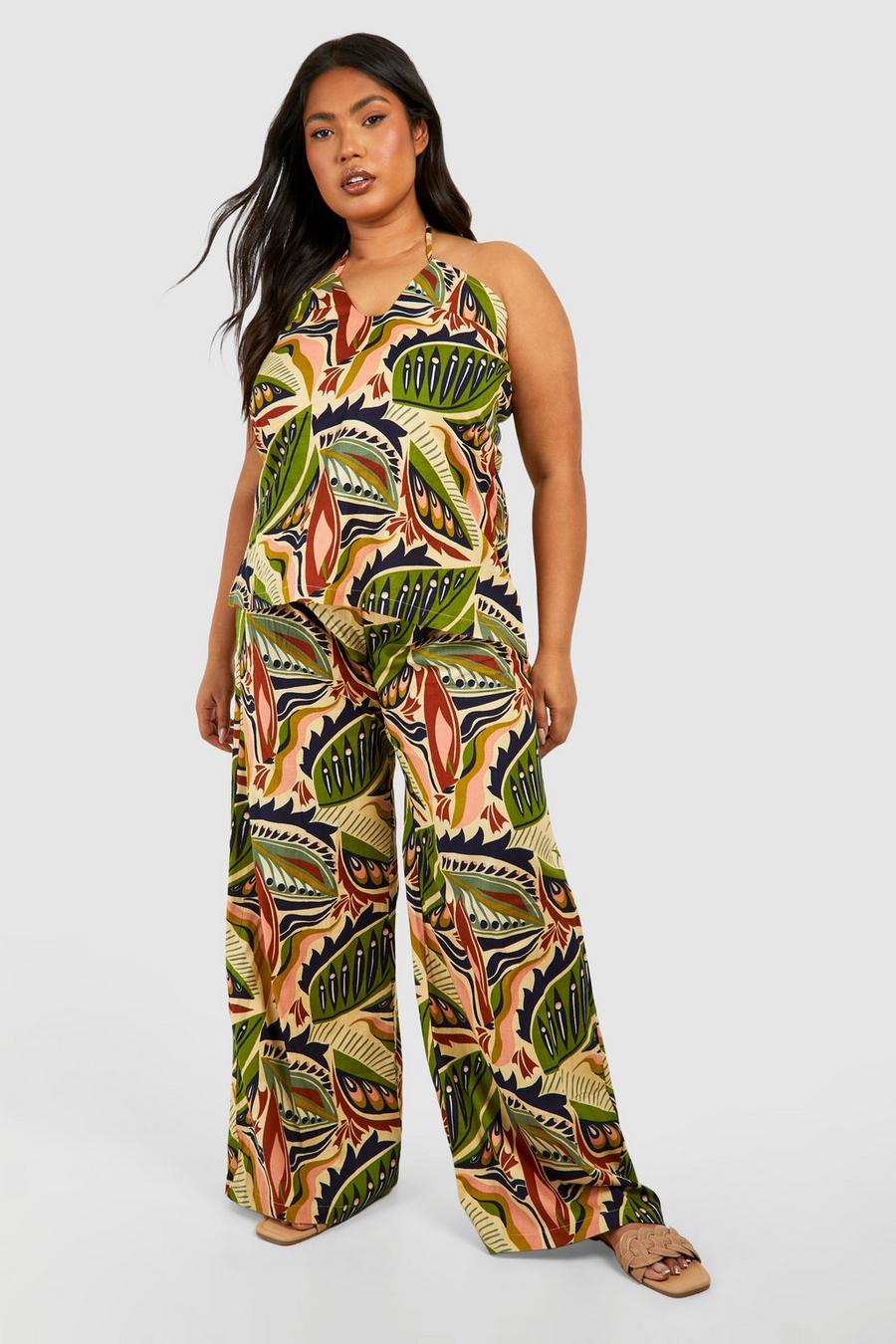 Green Plus Linen Feel Scarf Print Trouser & Bandeau Top Co-ord image number 1