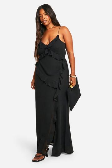 Plus Woven Abstract Print Ruffle Detail Strappy Maxi Dress 1 black