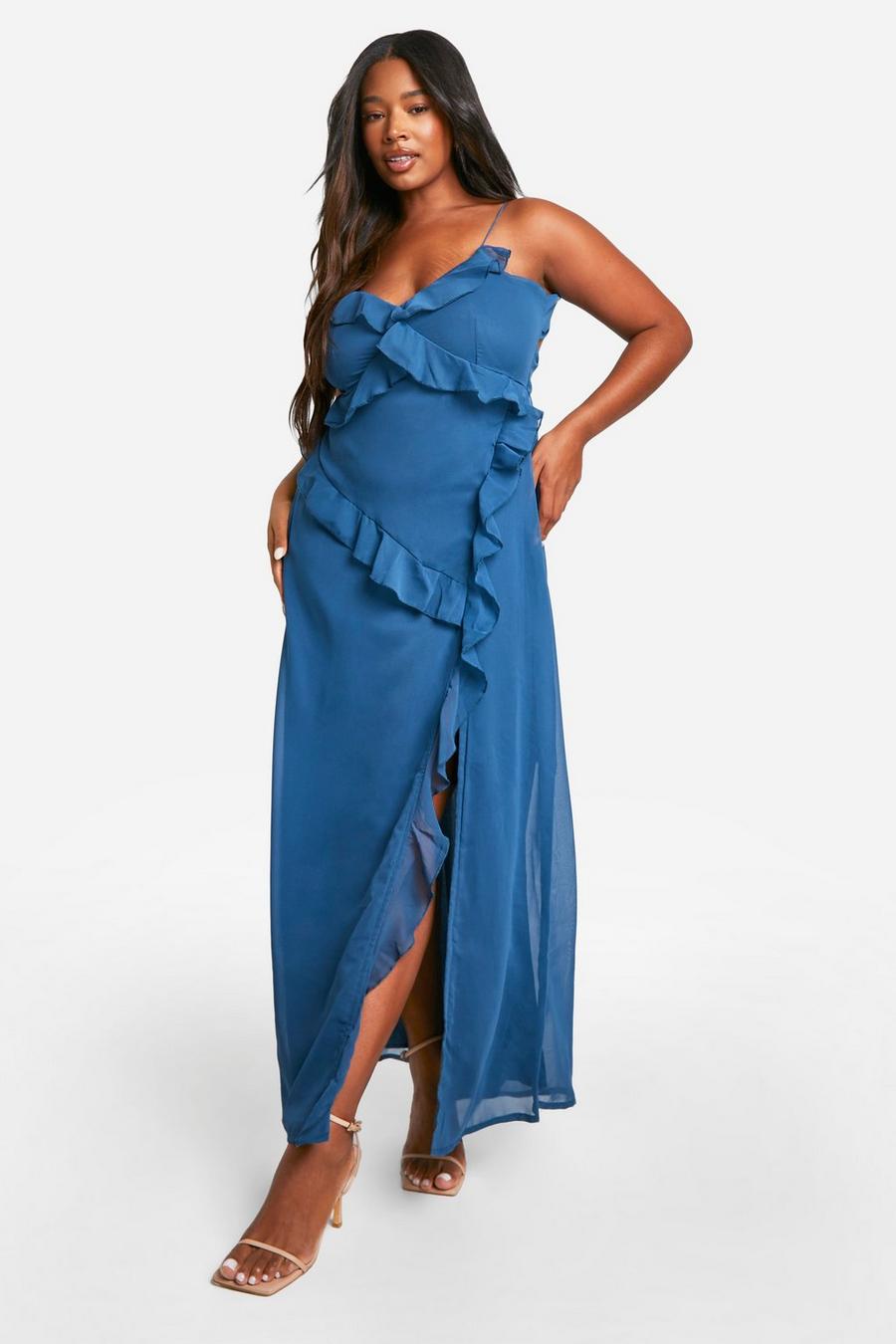 Blue Plus Woven Abstract Print Ruffle Detail Strappy Maxi Dress  1 image number 1