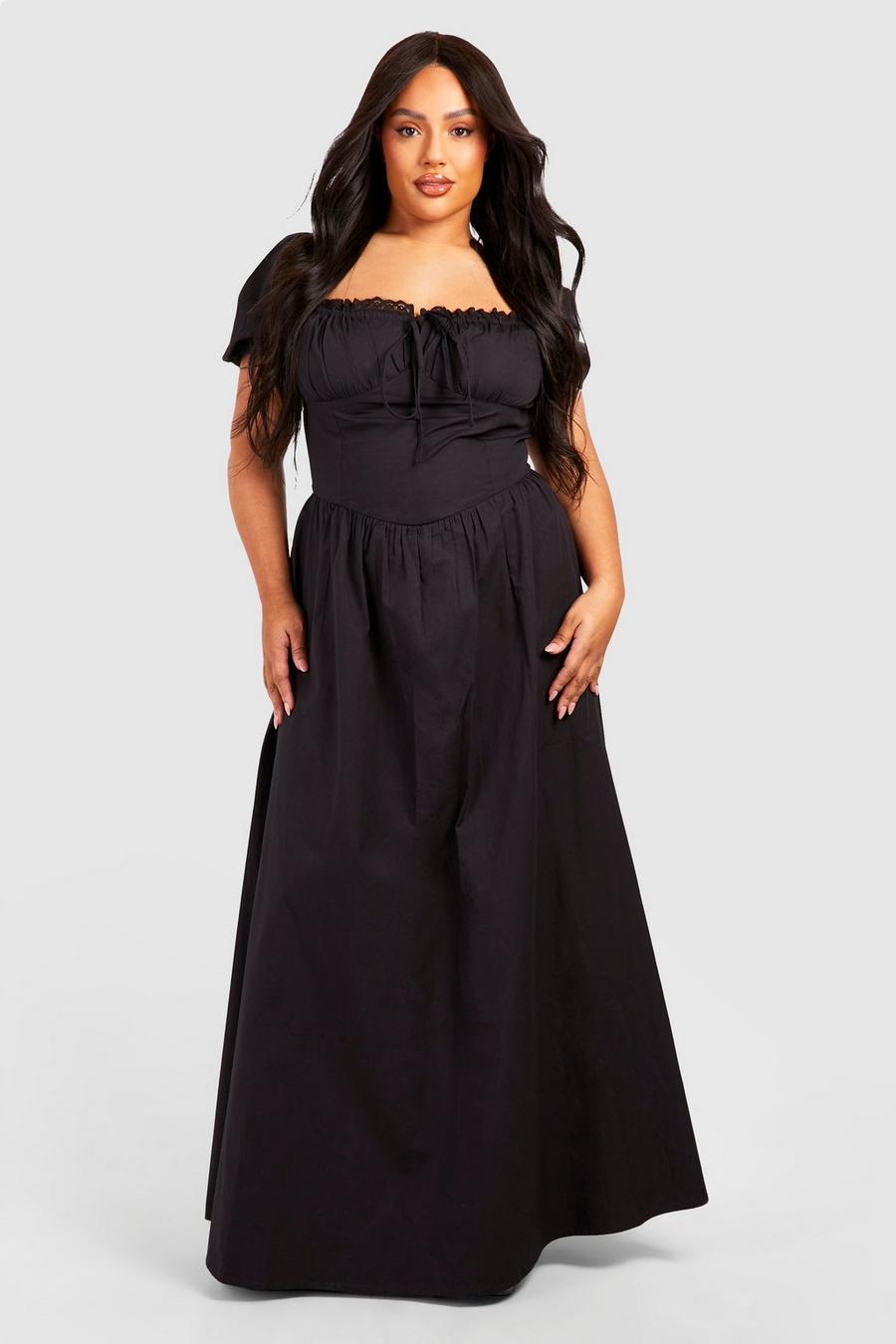 Black Plus Poplin Milkmaid Puff Sleeve Maxi Dress image number 1