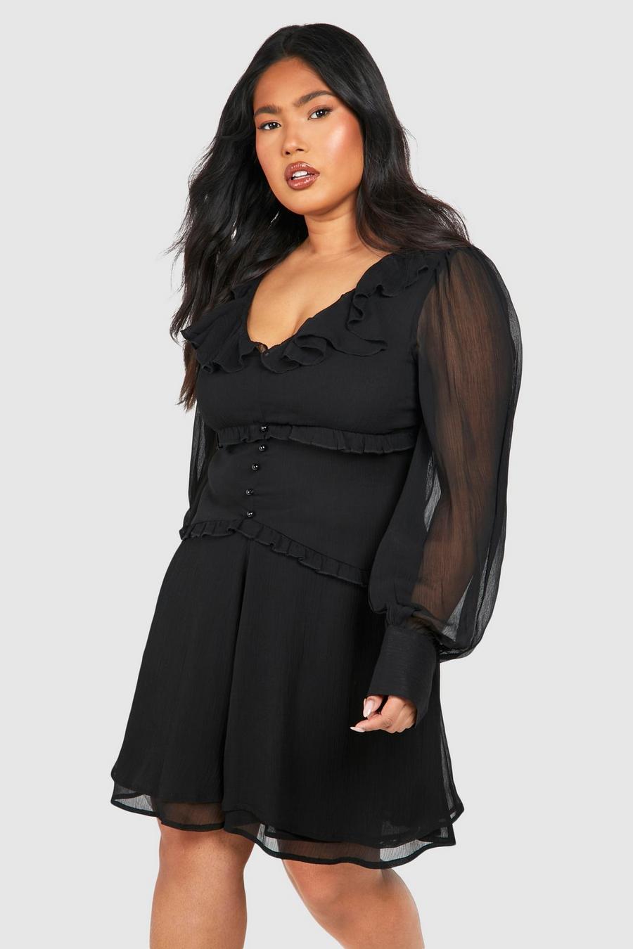Black Plus Woven Ruffle Detail Long Sleeve Playsuit image number 1