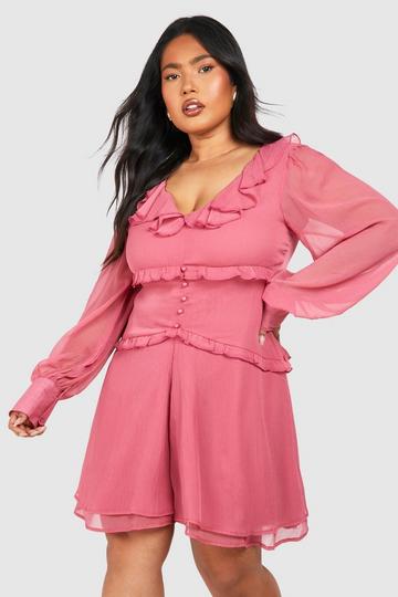 Plus Woven Ruffle Detail Long Sleeve Romper pink