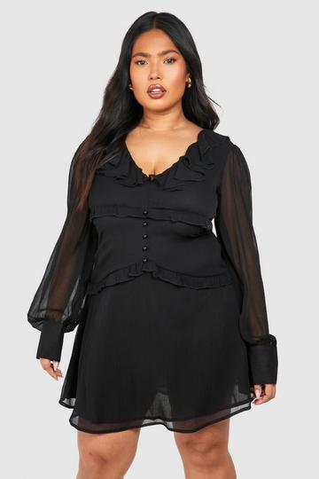 Plus Woven Ruffle Detail Long Sleeve Mini Dress black