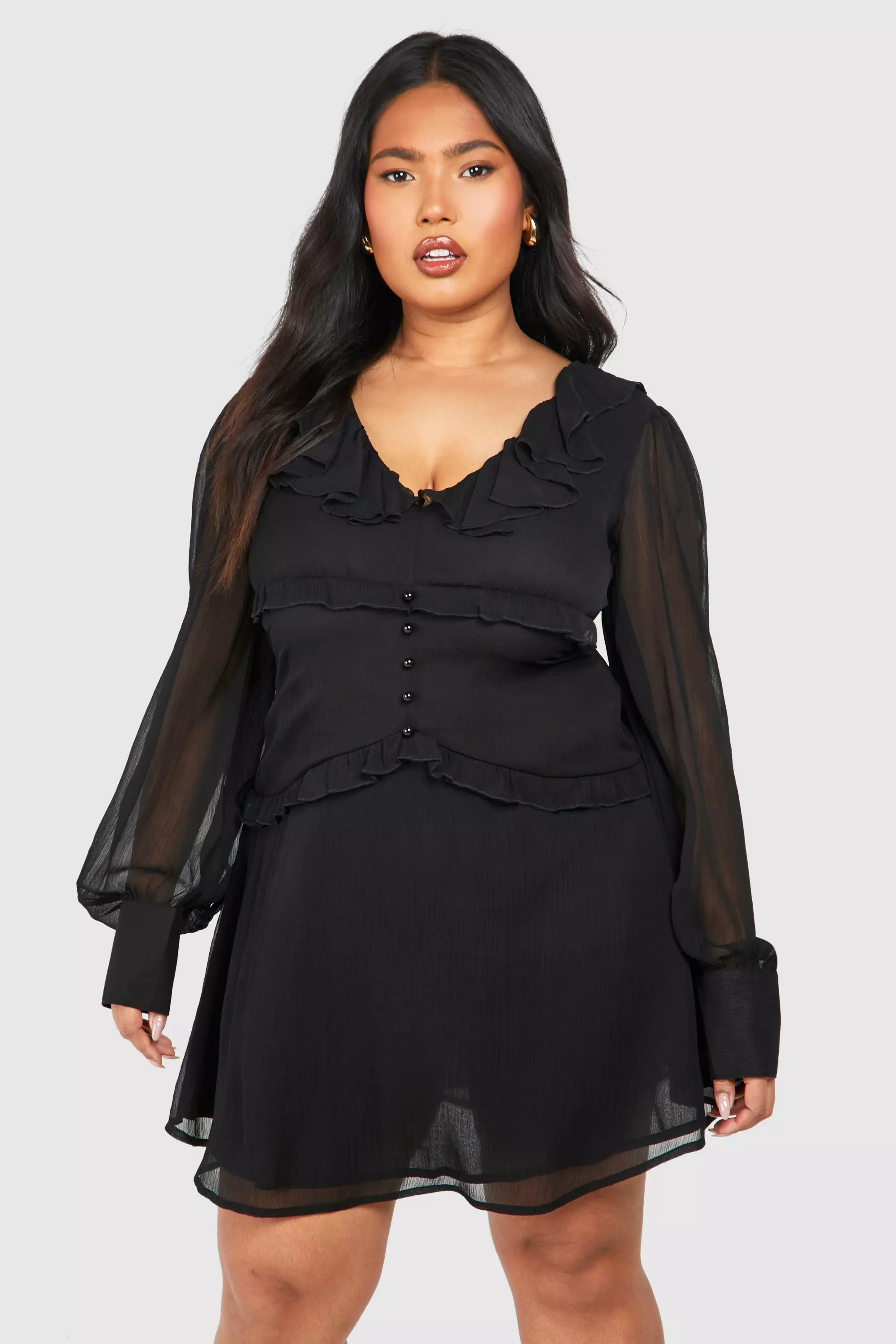 Black Plus Woven Ruffle Detail Long Sleeve Mini Dress alternative image
