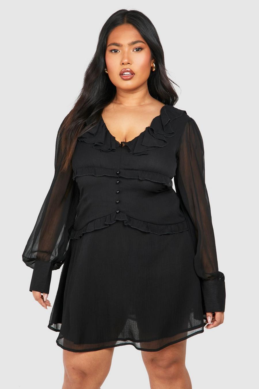 Black Plus Woven Ruffle Detail Long Sleeve Mini Dress image number 1