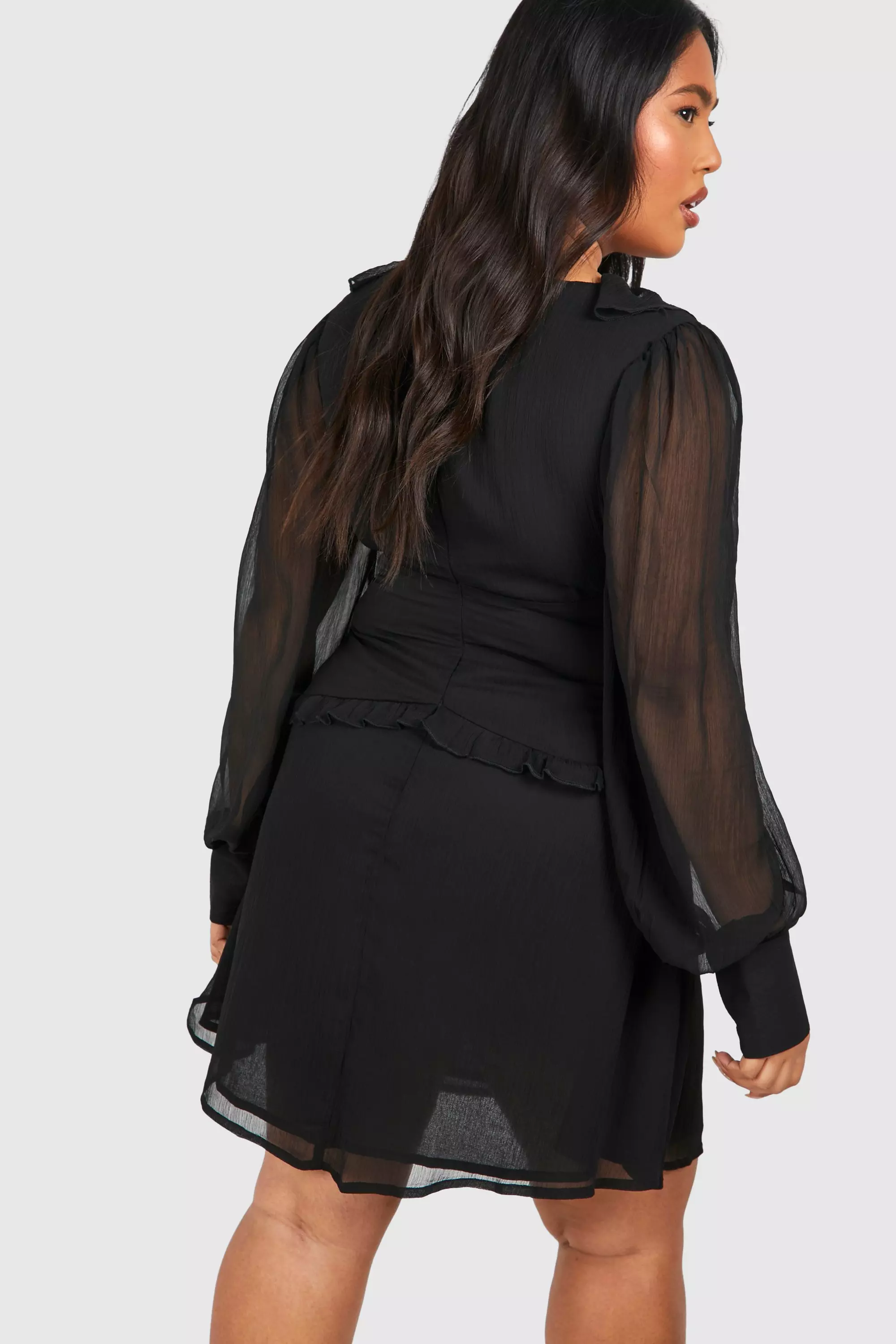 Black Plus Woven Ruffle Detail Long Sleeve Mini Dress alternative image