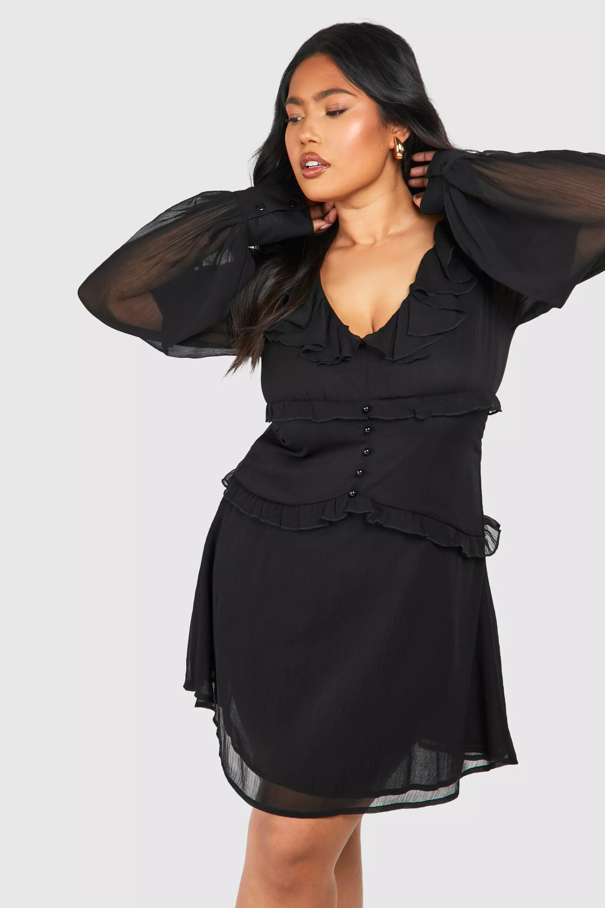 Black Plus Woven Ruffle Detail Long Sleeve Mini Dress alternative image