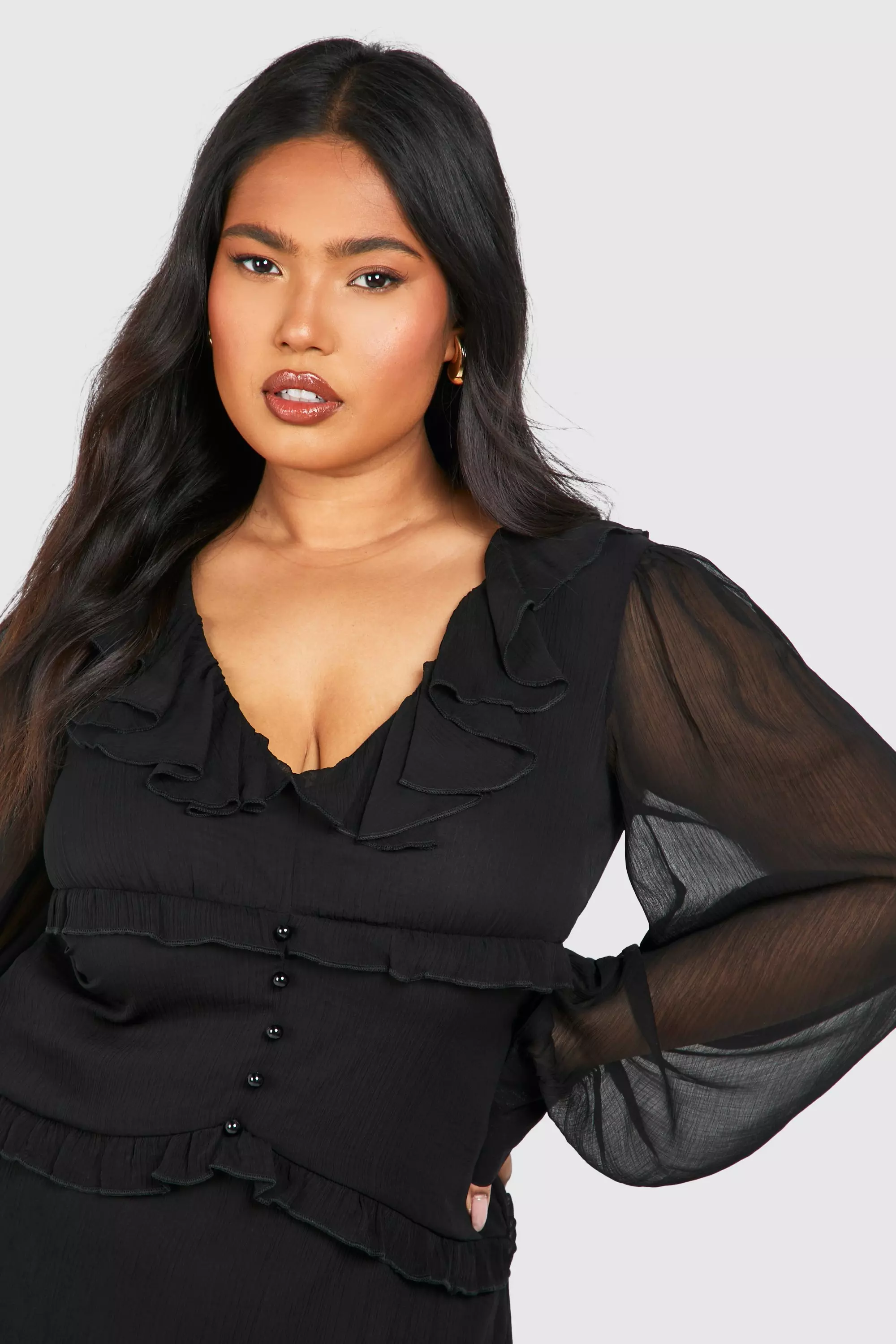 Black Plus Woven Ruffle Detail Long Sleeve Mini Dress alternative image