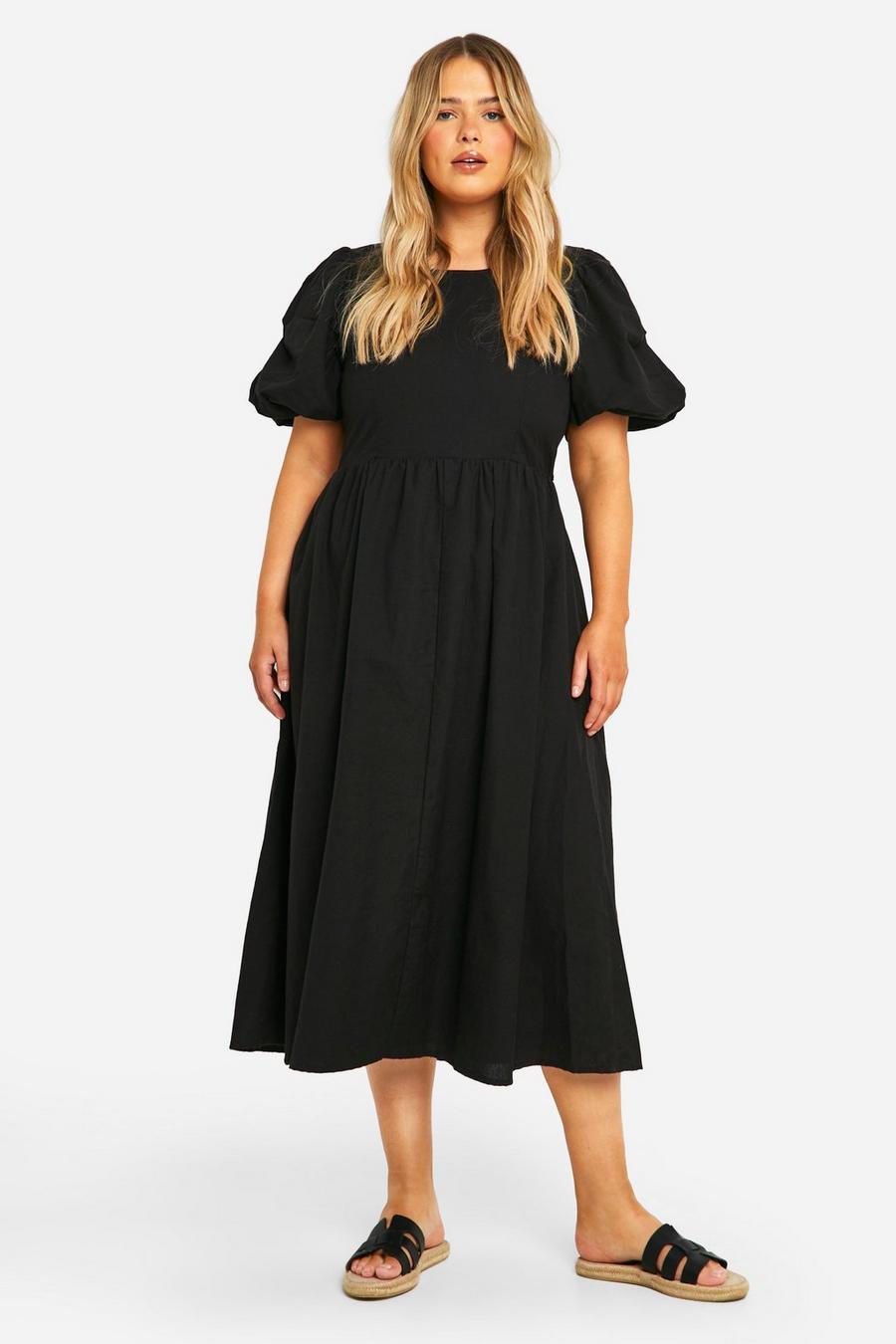 Black Plus Linen Feel Puff Sleeve Midi Dress 