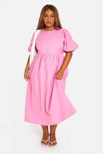 Pink Plus Linen Feel Puff Sleeve Midi Dress