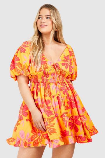 Plus Geweven Bloemenprint Skater Jurk Met Geplooide Taille orange