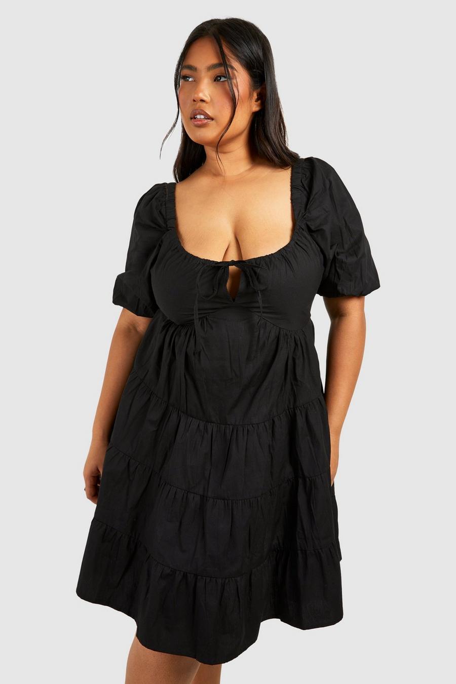 Black Plus Woven Puff Sleeve Tiered Mini Smock Dress  image number 1