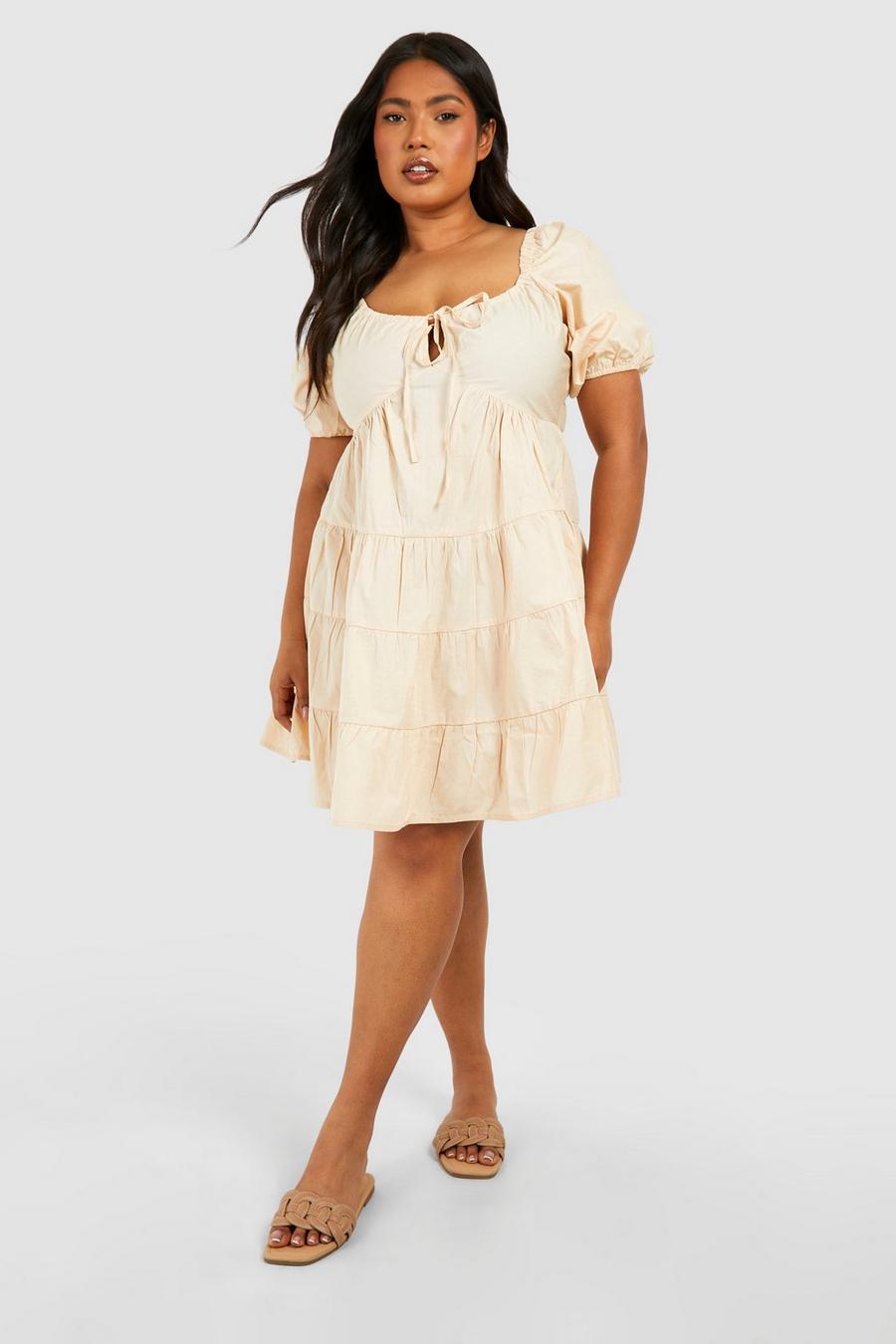 Stone Plus Woven Puff Sleeve Tiered Mini Smock Dress  image number 1