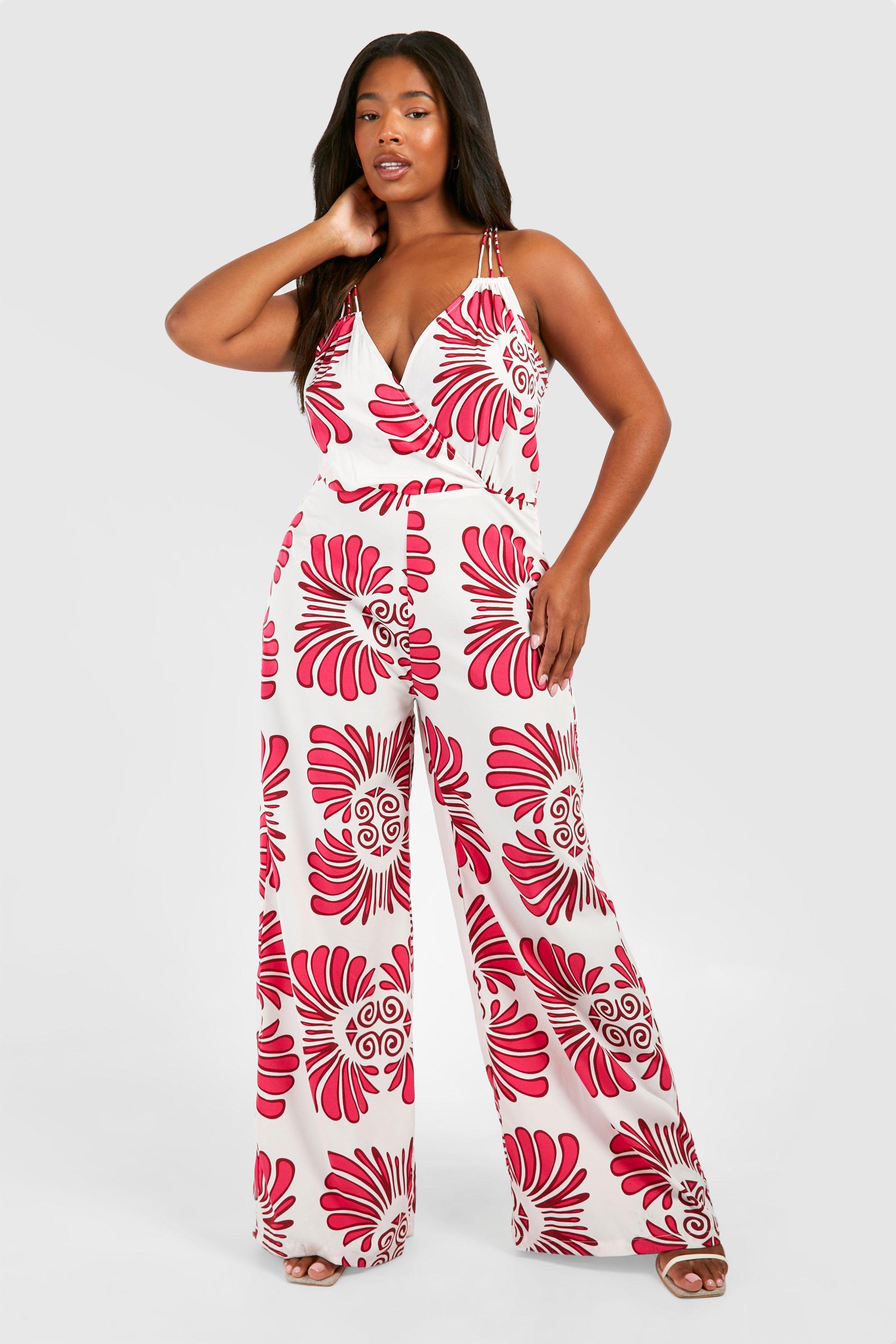 Plus Woven Abstract Print Strappy Wide Leg Jumpsuit