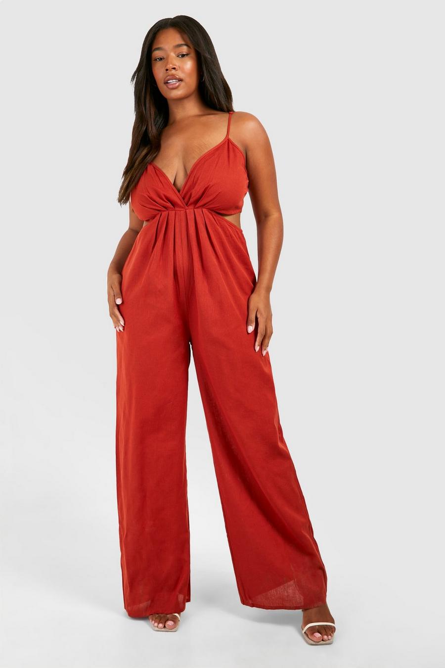 Red Plus Woven Twist Front Strappy Jumpsuit  image number 1