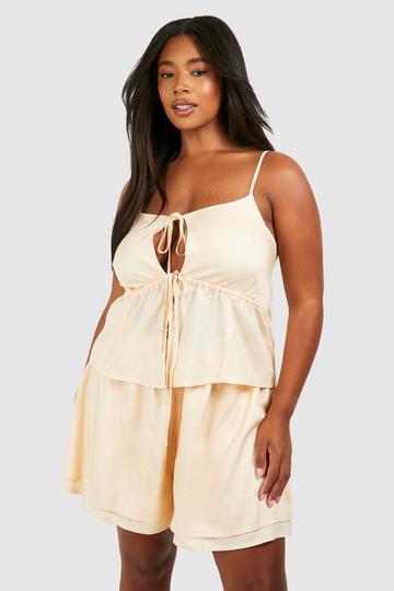 Stone Beige Plus Woven Split Hem Cami & Short Co-ord