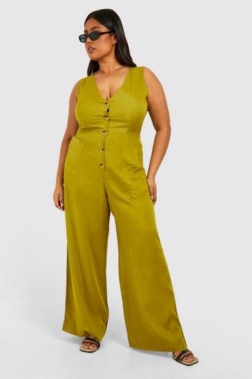 Plus Geweven Getailleerde Jumpsuit Met Knopen khaki