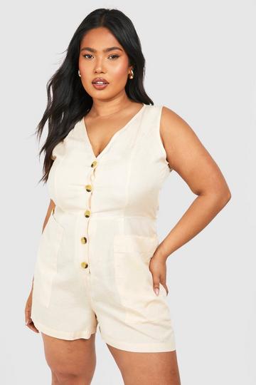 Stone Beige Plus Woven Tailored Button Down Playsuit