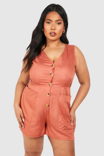 Plus Geweven Getailleerde Playsuit Met Knopen terracotta