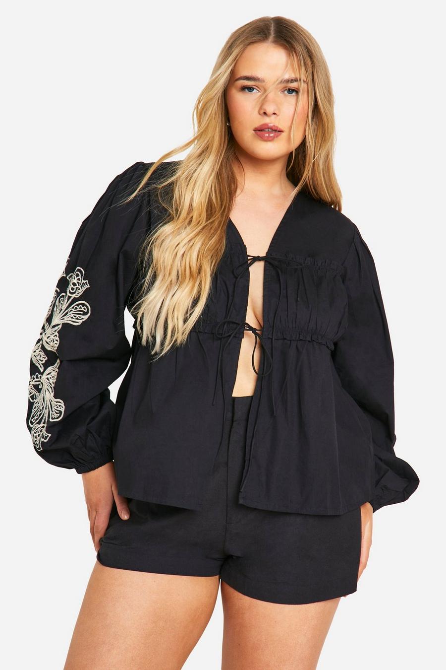 Blusa Plus de tela bordada con mangas largas y atadura, Black