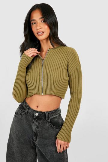 Khaki Petite Ribbed Zip Through Cropped Cardigan