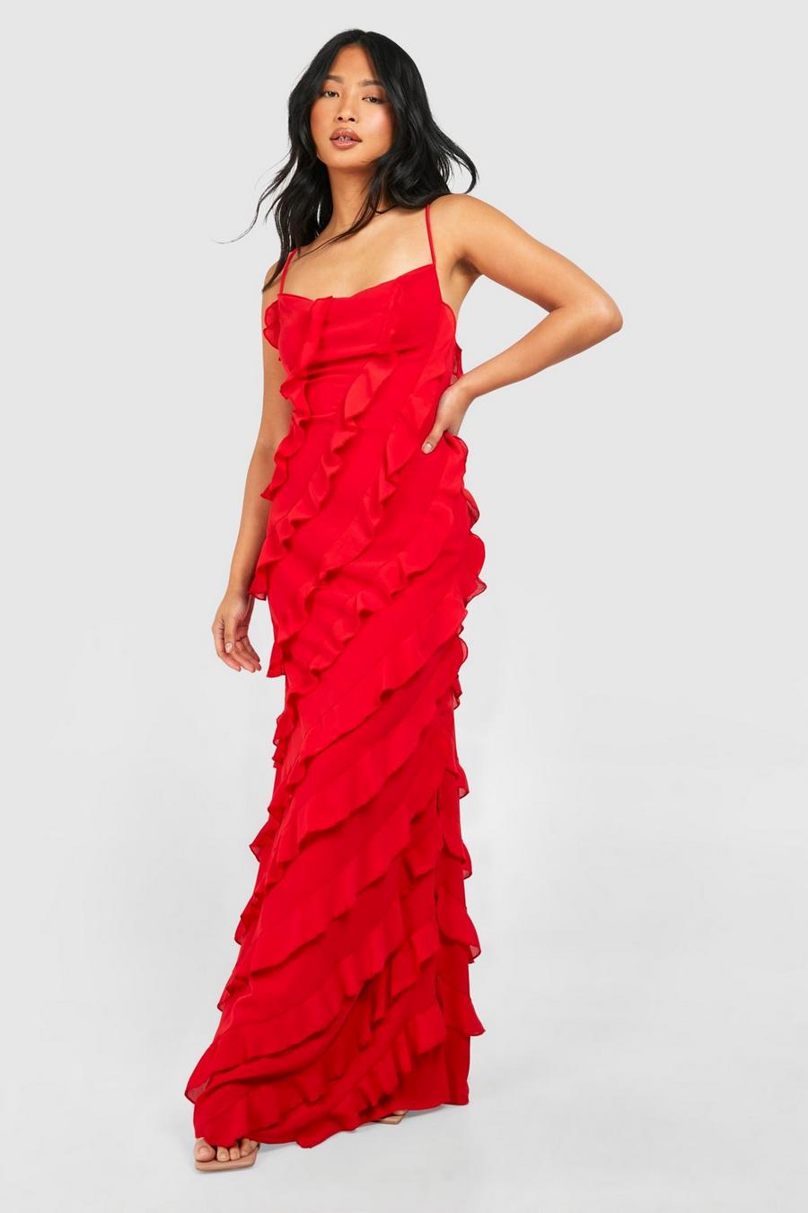 Red Petite Strappy Ruffle Maxi Dress image number 1