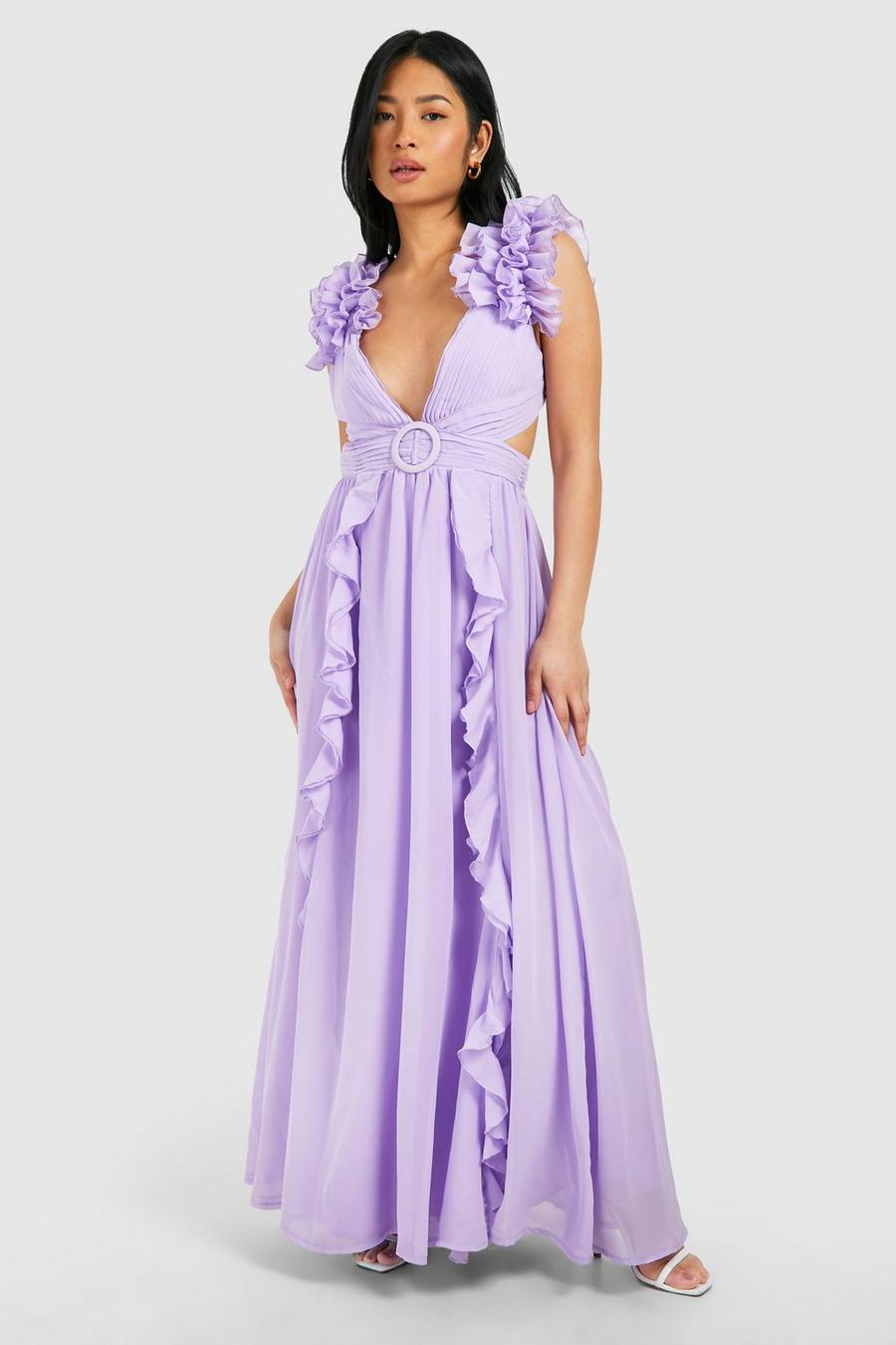 Lilac Petite Ruffle Shoulder Occasion Maxi Dress