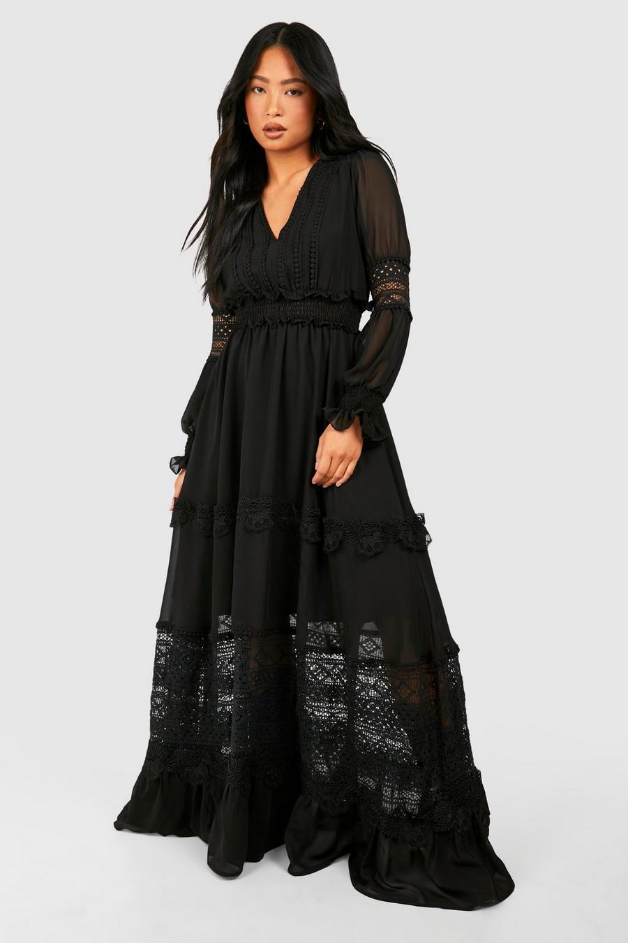 Black Petite Boho Lace Detail Tierred Maxi Dress image number 1