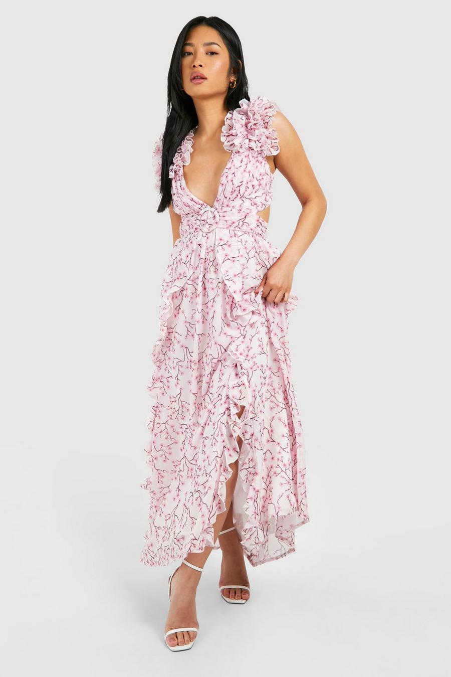 Pink Petite Floral Ruffle Shoulder Occasion Maxi Dress