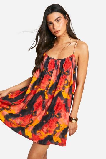 Printed Beaded Strap Linen Look Mini Dress multi