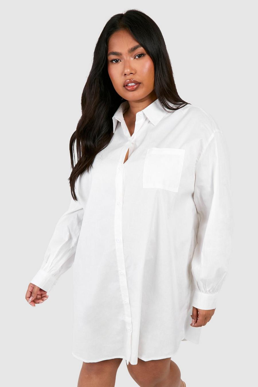 Vestido camisero Plus oversize de algodón popelina, White image number 1