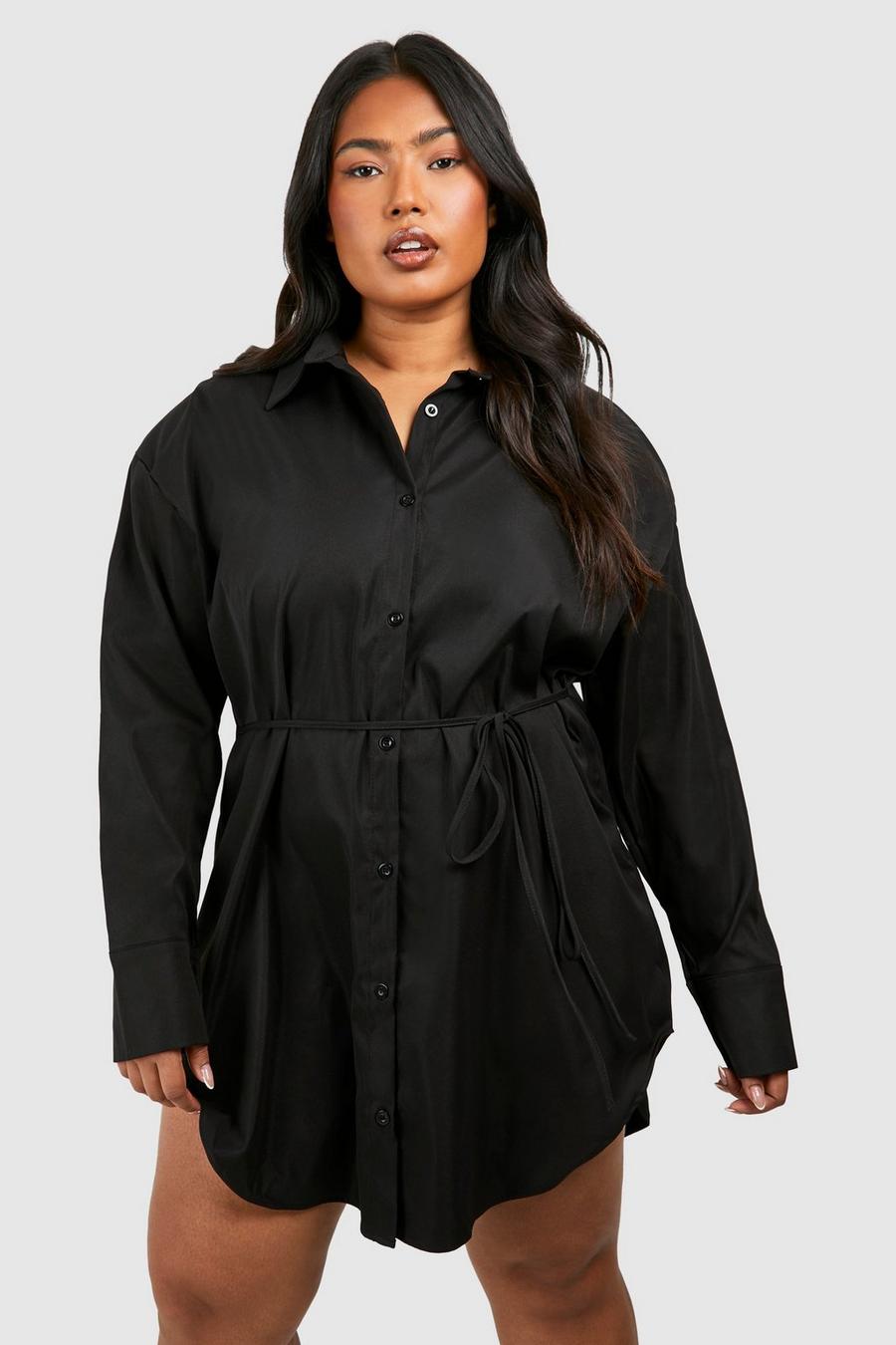 Black Plus Cinched Waist Shoulder Pad Shirt Dress image number 1