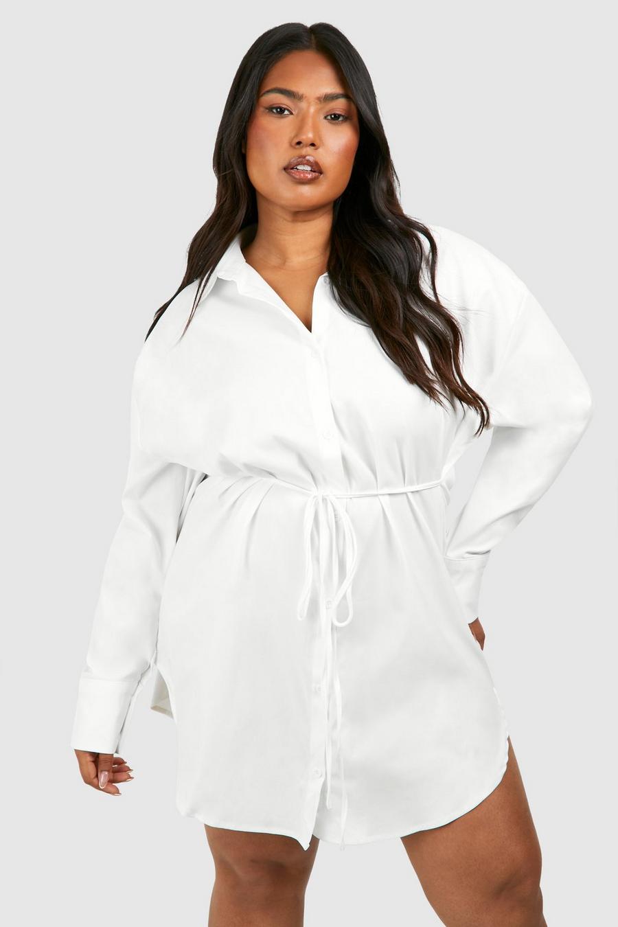 White Plus Cinched Waist Shoulder Pad Shirt Dress image number 1