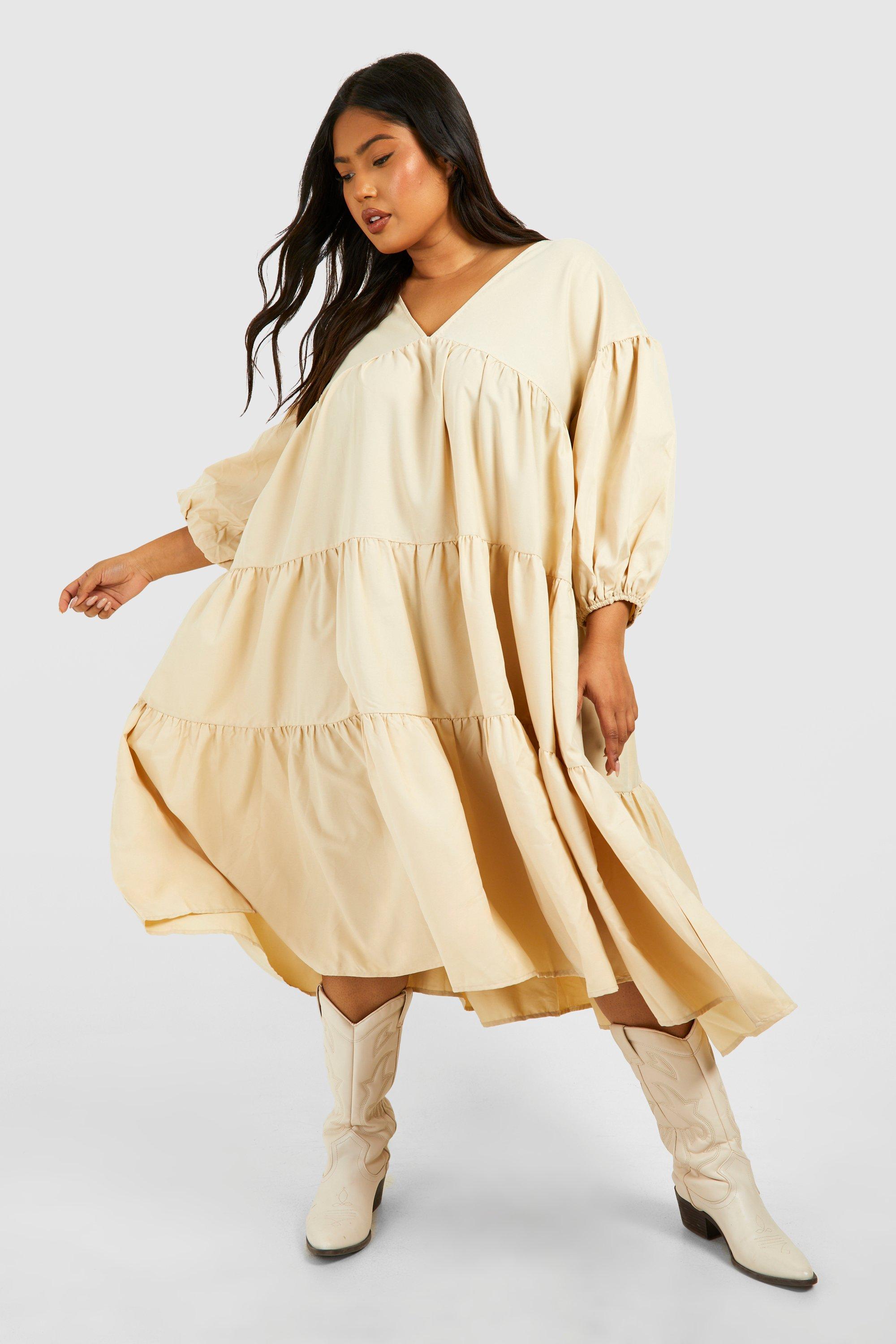 Plus Poplin V Neck Tiered Midi Smock Dress | boohoo