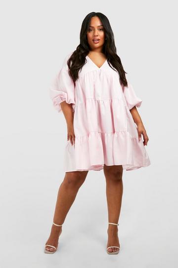 Plus Poplin V Neck Tiered Smock Dress rose