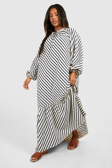 Plus Textured Stripe Tie Neck Midi Smock Dress black