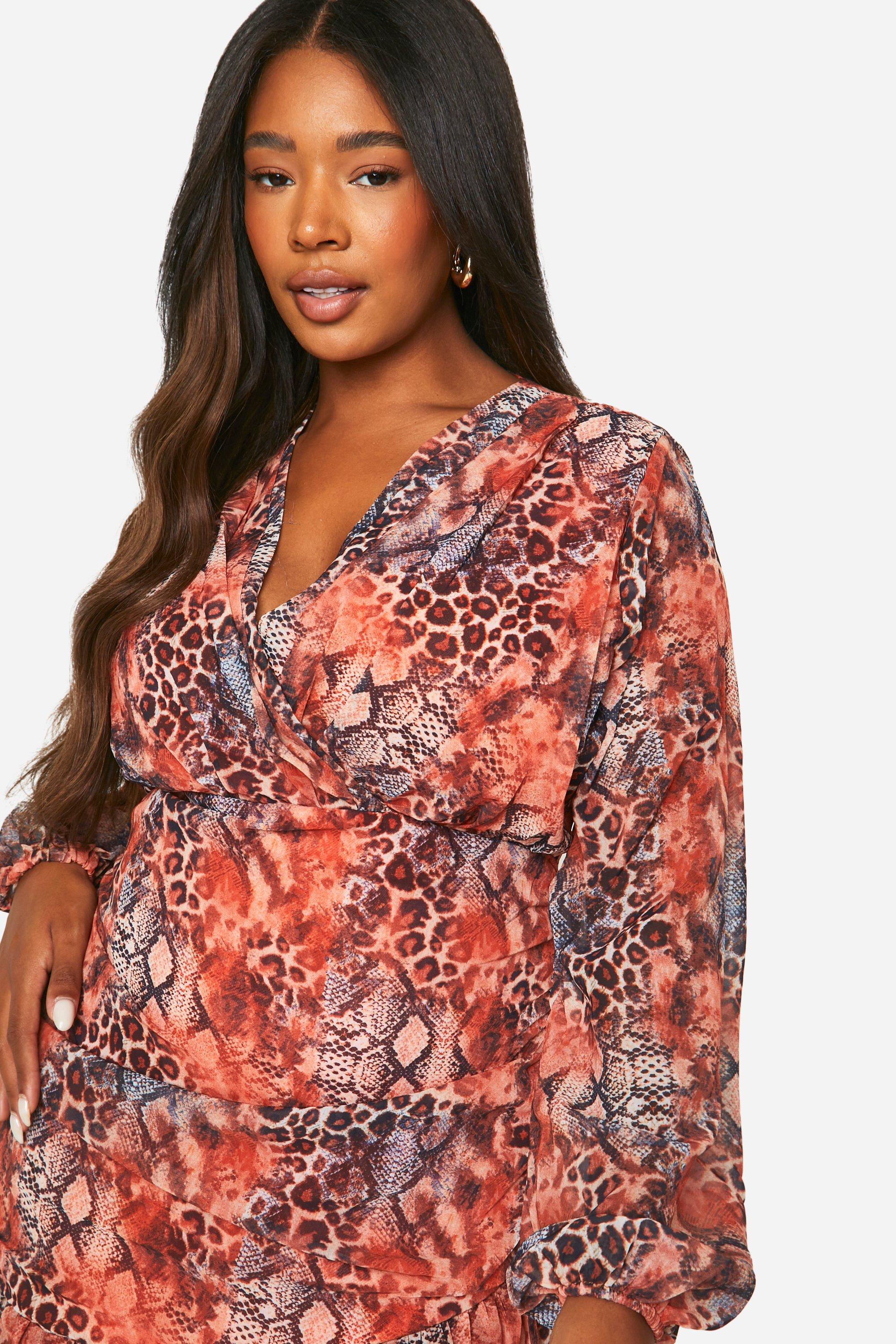 Plus Chiffon Leopard Ruffle Wrap Dress