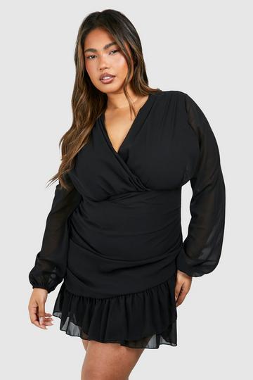 Black Plus Chiffon Ruffle Wrap Dress