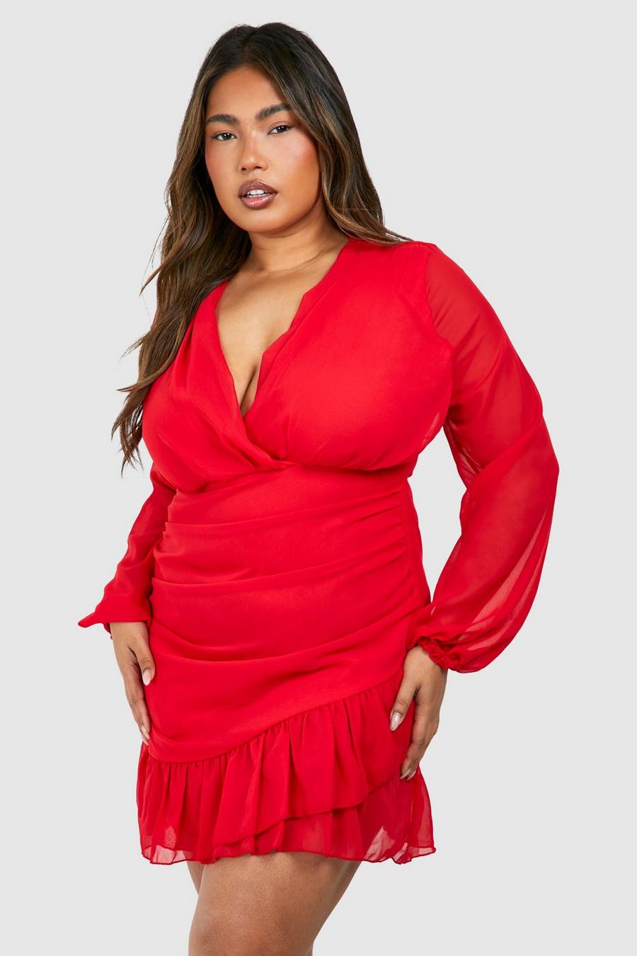 Red Plus Omlottklänning i chiffong med volanger image number 1
