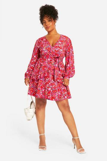 Plus Bloemenprint Wikkel Skater Jurk Met Ruches pink