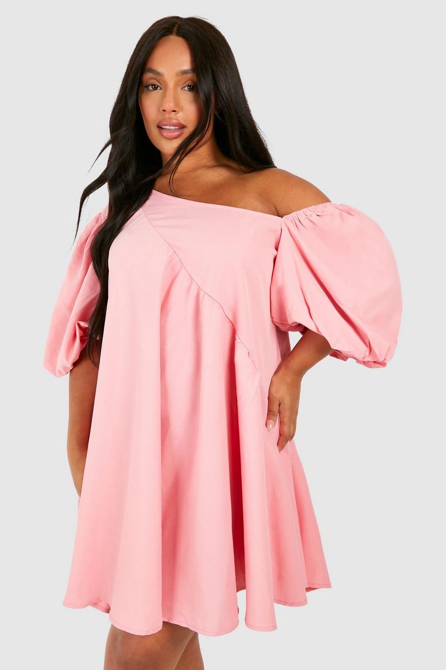 Baby pink Plus Off Shoulder Asymmetric Smock Dress