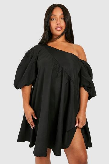 Plus Asymmetrische Gesmokte Off Shoulder Jurk black