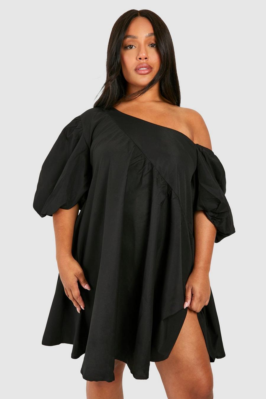 Black Plus Off Shoulder Asymmetric Smock Dress image number 1