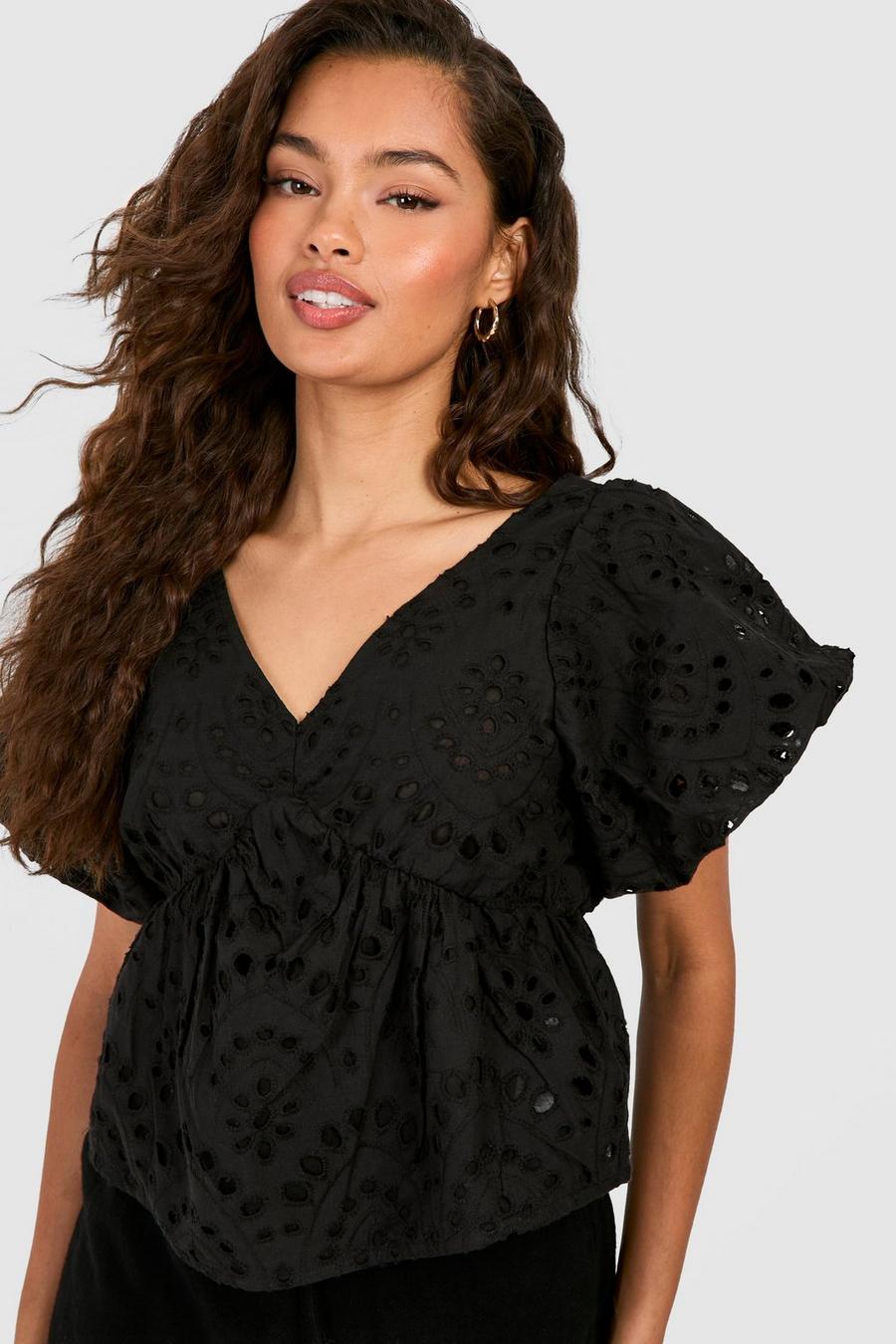 Black Embroidery Frill Shoulder Top