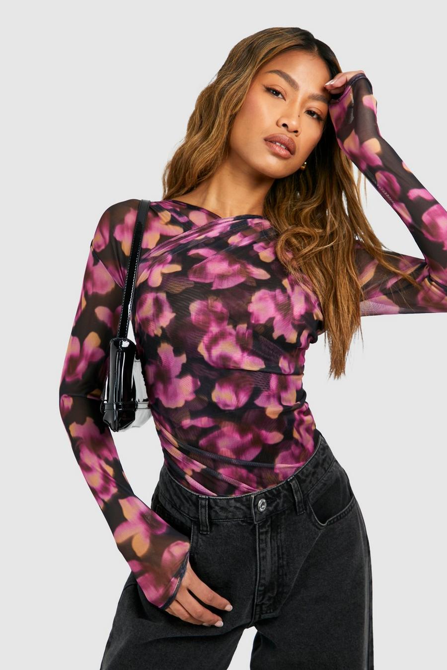 Purple Floral Printed Mesh Cross Over Bodysuit  image number 1