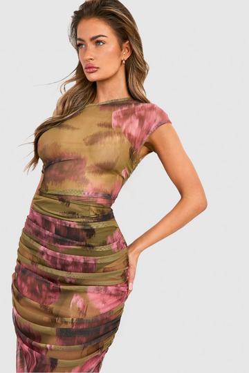 Asymmetric Cap Sleeve Printed Mesh Top green