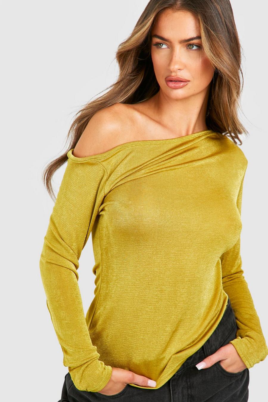 Olive Asymmetric Acetate Slinky Top  image number 1