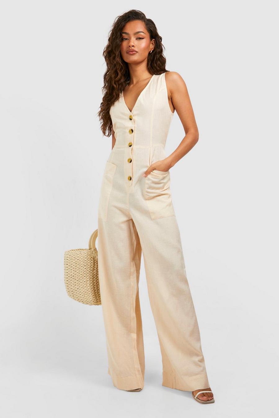 Stone Linen Look Button Front Jumpsuit image number 1