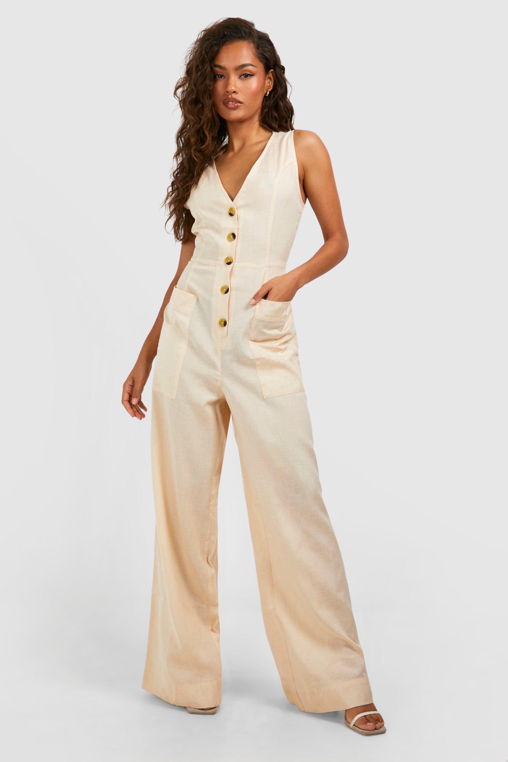 Linen Look Button Front Jumpsuit